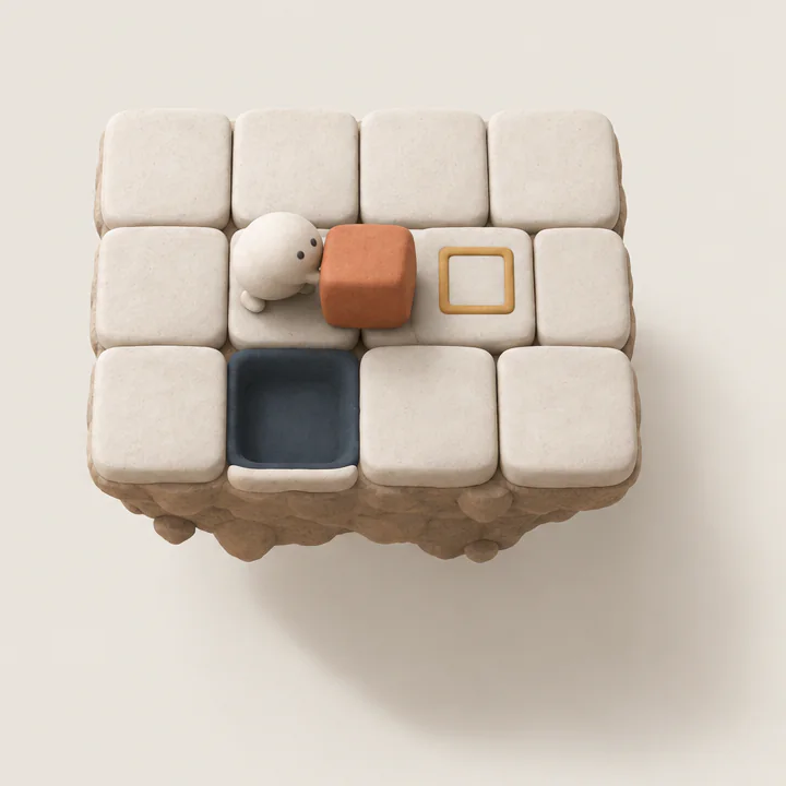 Moko, a small round clay character, pushes a terracotta block toward an ochre socket on a floating island of stone tiles. One tile is a dark empty pit.
