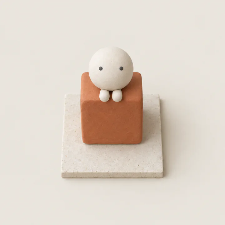 Moko sits on top of a terracotta block, little feet over the edge, looking out.
